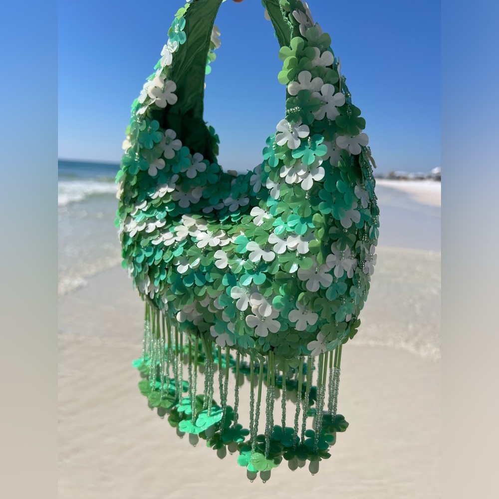 VIRAL Green & White Dimensional Beaded Floral Handbag, NWT